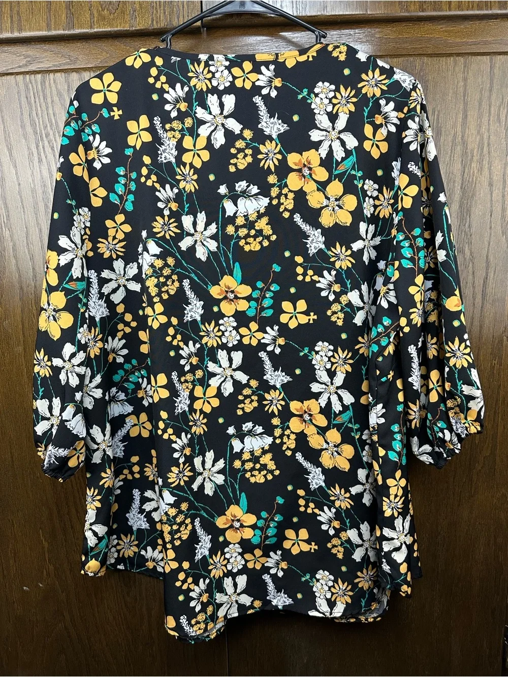 BloomChic Black Floral V-Neck Blouse with Yellow & White Flowers